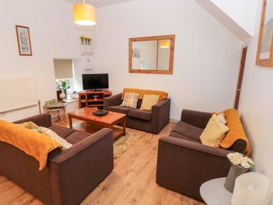 A living room with three brown sofas cushions a wooden coffee table a TV on a stand and a wall mirror at Barn 2 in Ystradgynlais