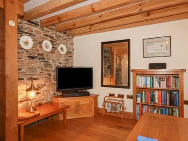 A room with a television on a wooden stand a bookshelf with books and a mirror on the wall at Mill Cottage in St Neot