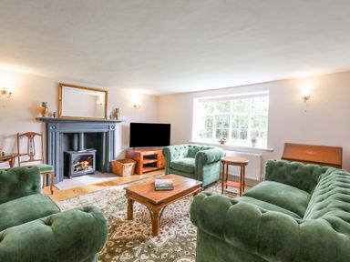 A living room with green sofas a wooden coffee table a fireplace and a large window at West House Farm in Leiston