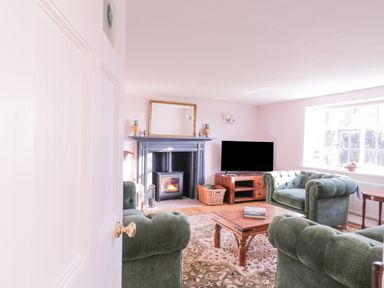 A living room with green sofas a wooden coffee table a fireplace and a television at West House Farm Leiston