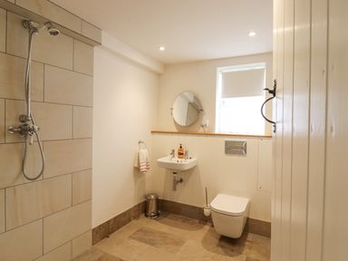 A bathroom with a walk-in shower a wall-mounted sink a toilet and a window at West House Farm in Leiston