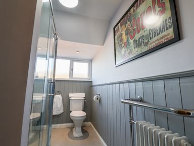 A small bathroom with a toilet a glass shower door towel rail and a framed poster on the wall at Meadowfields in Whitby