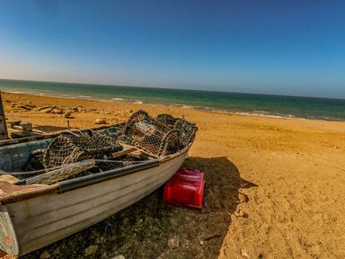 A boat with fishing nets on a sandy beach by the sea at Alice's Cottage in Burton Bradstock