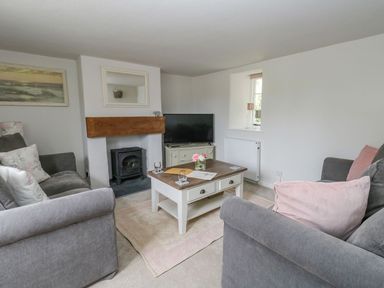 A living room with two grey sofas a wooden coffee table a small fireplace and a television at Alices Cottage in Burton Bradstock
