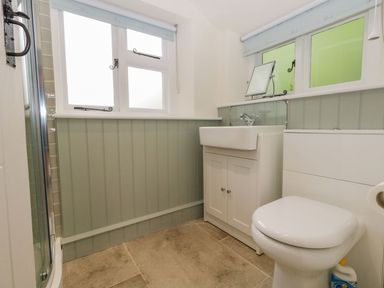 A bathroom with a white sink cabinet toilet and windows at Alices Cottage in Burton Bradstock