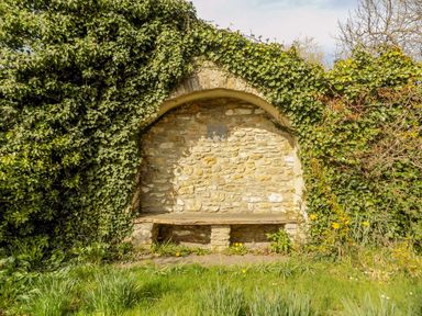 A stone bench embedded in a stone wall with ivy growing around it and grass in front at Alices Cottage in Burton Bradstock