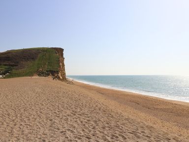 A beach with a cliff covered in grass next to the ocean at Alices Cottage in Burton Bradstock