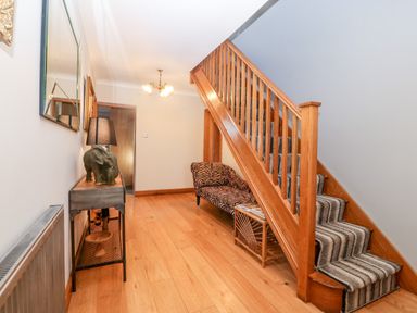 A hallway with wooden stairs carpeted in striped fabric a small table with an elephant lamp and a zebra patterned bench at Tyn Rallt Ice Cream Farm Malltraeth near Newborough