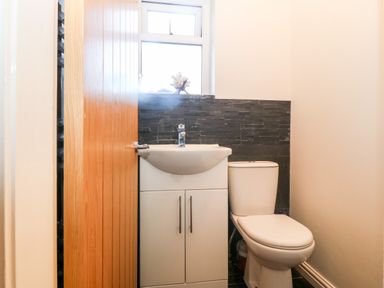 A small bathroom with a white sink cabinet and toilet next to a wooden door and window at Tyn Rallt Ice Cream Farm Malltraeth near Newborough
