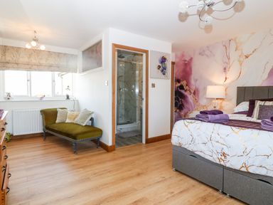 A bedroom with a bed and bedside lamp an olive green chaise lounge and a bathroom with a glass shower at Tyn Rallt Ice Cream Farm Malltraeth near Newborough