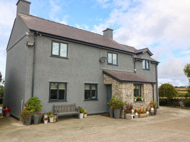 A house with a bench and planters at Tyn Rallt in Newborough