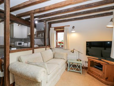 A living room with a patterned sofa a small side table with a lamp a window with curtains and a vase of flowers and a television on a wooden stand at Well Cottage in Moreton-In-Marsh