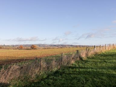 A fenced grassy field and plowed farmland with distant trees under a clear sky at Well Cottage in Moreton-In-Marsh