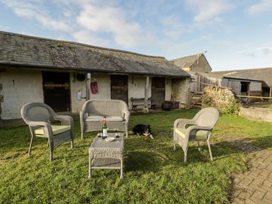 An outdoor seating area with wicker chairs a table with drinks and snacks and a dog on grass near stone buildings at Stable Cottage Moreton-In-Marsh