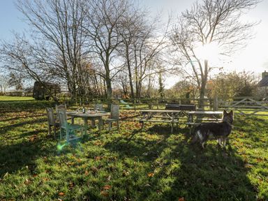 An outdoor garden area with a wooden table and chairs set with wine glasses and a bottle a dog standing on the grass near a wooden picnic bench and a barbecue grill under trees at Stable Cottage in Moreton-In-Marsh