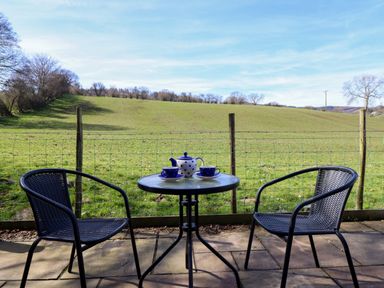 A patio with two black chairs and a table holding a teapot and cups overlooking a grassy field at The Stables in Tafarn-Y-Gelyn