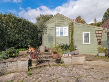 An outdoor stone patio area with steps leading to a green wooden shed surrounded by potted plants and greenery at The Potting Shed in Combe near Langport