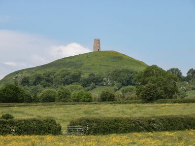 A hill with a stone tower on top surrounded by trees and grassy fields at The Potting Shed in Combe near Langport