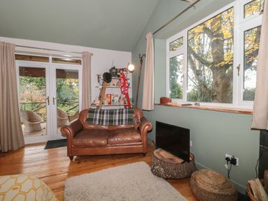 A living room with a brown leather sofa a bookshelf a television on a tree stump and large windows at Pear Tree Lodge in Combe near Langport