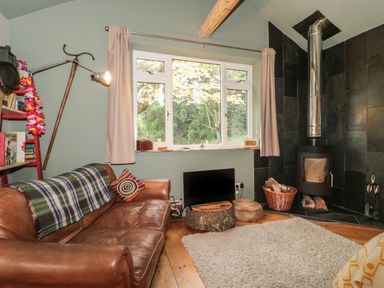 A living room with a leather sofa a wood burning stove and a TV on a log coffee table at Pear Tree Lodge in Combe near Langport