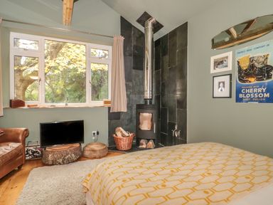 A bedroom with a wood stove near a window a television on a wooden stand and a bed with a patterned blanket at Pear Tree Lodge in Combe near Langport