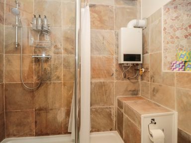 A shower area with a showerhead soap dispensers and a visible boiler unit with a toilet paper holder and recessed shelf in a bathroom at Pear Tree Lodge in Combe near Langport