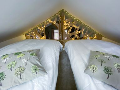 A loft bedroom with two single beds and decorative tree pillows at Pear Tree Lodge in Combe near Langport