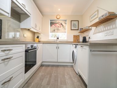 A kitchen with white cabinets a built in oven a washing machine wooden shelves and a window with a printed blind at Manuka in Falmouth