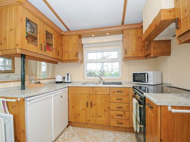 A kitchen with wooden cabinets a white fridge a microwave a stove and a window at Little Malory in St Giles-On-The-Heath