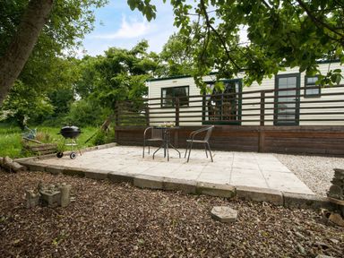 An outdoor patio with a table and two chairs near a mobile home with a barbecue grill and trees around at Little Malory in St Giles-On-The-Heath