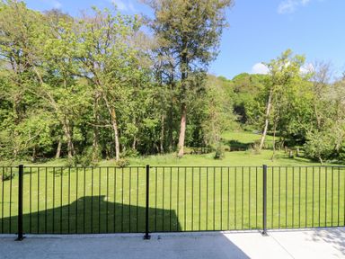 A grassy yard with a metal fence in front of trees and a blue sky at Glanduad Fawr in Newport Pembrokeshire