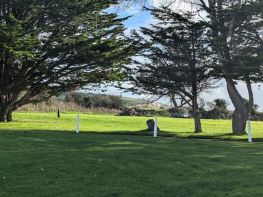 A grassy area with several trees and white posts at Culver View in Sandown