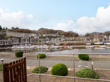 A marina with boats docked near houses and hills behind viewed from a paved area with bushes and a gate at Branwen in Porthmadog