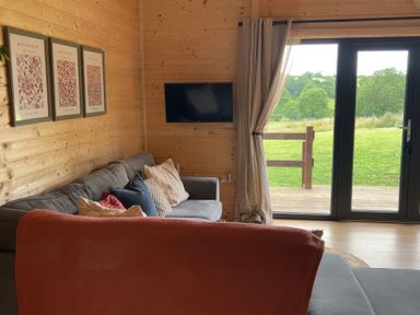 A living room with a sofa and television at Primrose, Higher Wambrook near Chard