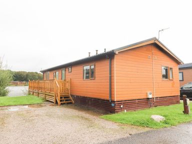 A wooden cabin with a small staircase and railing near a body of water at Lakeside 12 in Carnforth