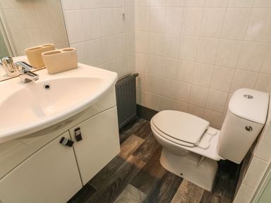 A bathroom with a sink cabinet a toilet and a gray radiator at Lakeside 12 in Carnforth