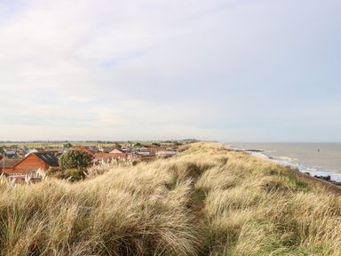 A coastal landscape with tall grass overlooking a seaside village and the sea at White Rabbit Cross Lane Eccles-On-Sea