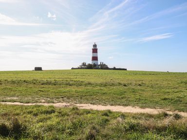 A grassy field with a dirt path and a striped lighthouse in the distance at White Rabbit Cross Lane in Eccles On Sea