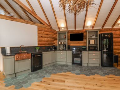 A kitchen with grey cabinets black appliances and wooden beams at Copper Lodge in Chulmleigh
