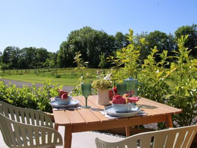 An outdoor wooden table set with blue bowls, plates, green glasses, red napkins, and a white vase with flowers surrounded by green plants at Yes Deer in Ashbourne