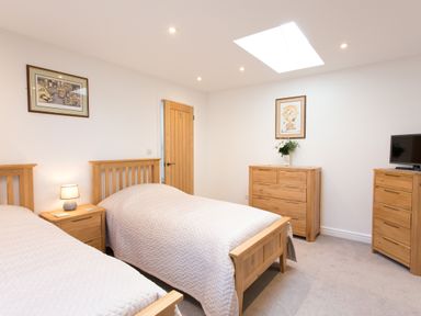 A bedroom with two single beds a wooden dresser a wooden chest of drawers a TV and framed pictures at Cornish Views in Camborne