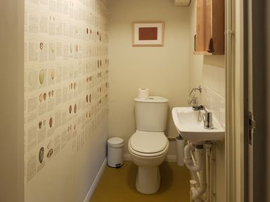 A small bathroom with a toilet sink and artwork on the wall at Mondays in Orford