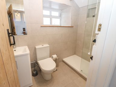 A bathroom with a toilet sink and a walk in shower at Swinhope View in Hexham