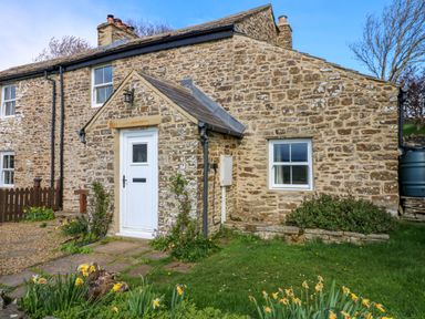 A stone cottage with a white door and window surrounded by grass and flowers at Swinhope View in Hexham