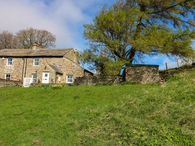A stone house with white windows and door on a grassy hill near a tree and small stone structure at Swinhope View in Hexham