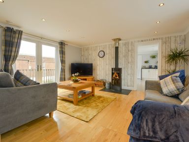 A living room with two sofas a wooden coffee table a television and a wood stove at Lilys Pad in Okehampton