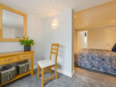 A bedroom area with a wooden chair and a wooden console table with a plant and mirror at Lilys Pad in Okehampton