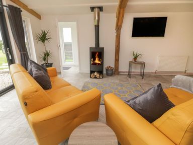A living room with yellow sofas a wood burning stove and a wall mounted television at Windy Willows in Okehampton