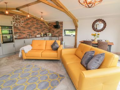 A living room with yellow sofas a patterned rug and kitchen area with brick wall at Windy Willows in Okehampton