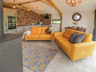 A living room with two mustard sofas grey and yellow rug open kitchen with brick wall and dining table at Windy Willows in Okehampton